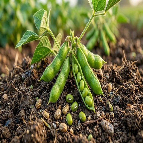 Close-up of fresh green moong bean pods growing in soil with visible green seeds, healthy leaves, and natural farm background representing moong crop cultivation.